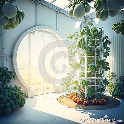 White interior of a large vertical round farm with tomatoes, generative AI Stock Photo