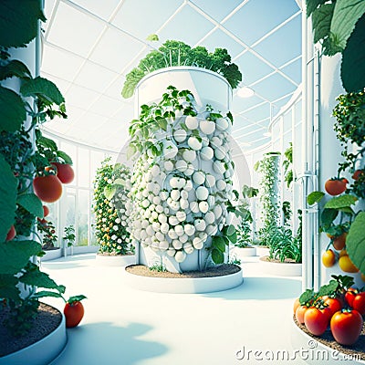 White interior of a large vertical round farm with tomatoes, generative AI Stock Photo