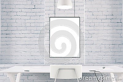 White interior with table, chair, brick wall and blank picture f Stock Photo