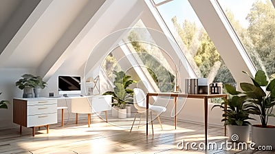 White interior of workplace at Home office for remote, Work Bright minimalist interior, Trendy design Stock Photo