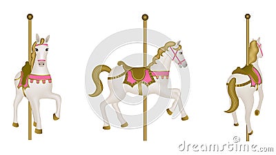 White isolated carousel horse. Side, front and back view Vector Illustration