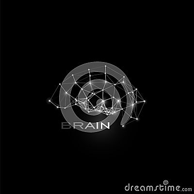 White isolated lines and dots brain, vector shape, polygonal artificial intelligence, data base logo on black cosmic Vector Illustration