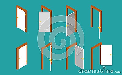 White isometric door. Set of the opened and closed doors. Vector illustration. Vector Illustration