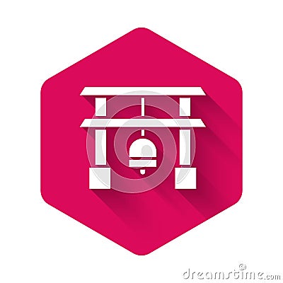 White Japan Gate icon isolated with long shadow. Torii gate sign. Japanese traditional classic gate symbol. Pink hexagon Vector Illustration