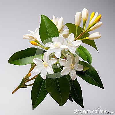 White Jasmine Flowers On Grey Background: Tropical Symbolism In Light Orange And Black Stock Photo