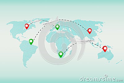 White Jet Passenger's Airplanes Traffic over World Map with Map Stock Photo