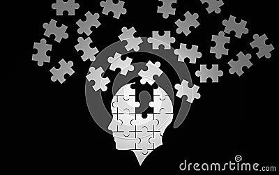 White jigsaw puzzle as a human brain on black. Concept Cartoon Illustration