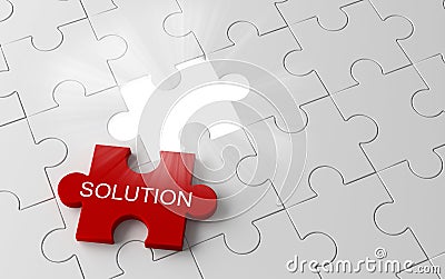 White jigsaw puzzle piece with a glowing hole with solution word Cartoon Illustration