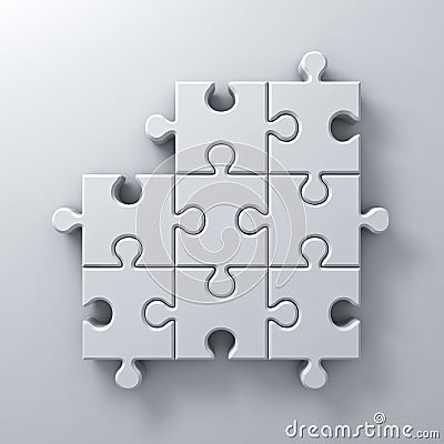 White jigsaw puzzle pieces one missing concept on white wall background with shadow 3D render Stock Photo