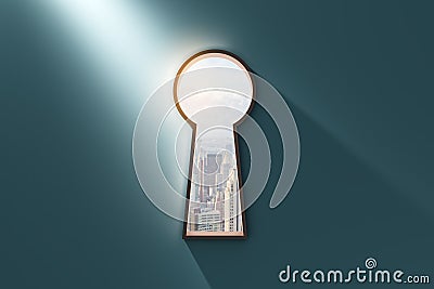 White keyhole opening with city view in concrete wall. Future, way and ambition concept. 3D Rendering Stock Photo