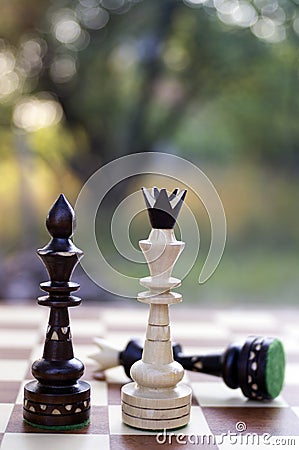 White King and black Queen chess pieces. Stock Photo