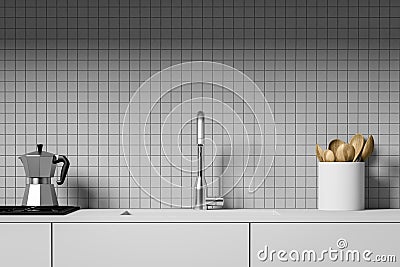 White kitchen counter with sink and stove Stock Photo