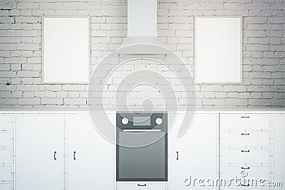 White kitchen with frames Stock Photo