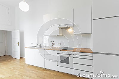 White kitchen, fresh renovated flat with wooden floor, Stock Photo