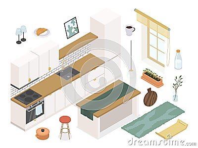 White kitchen furniture - modern vector colorful isometric illustrations set Vector Illustration