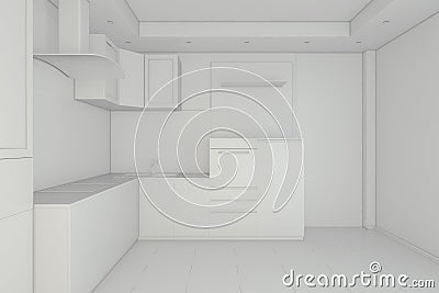 White kitchen. Glossiness interior. 3D illustration Cartoon Illustration