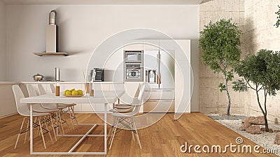 White kitchen with inner garden, minimal interior design Stock Photo