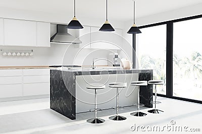 White kitchen marble bar, stools Stock Photo