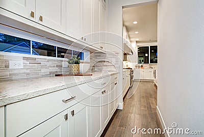 White kitchen wet bar features white modern cabinets Stock Photo