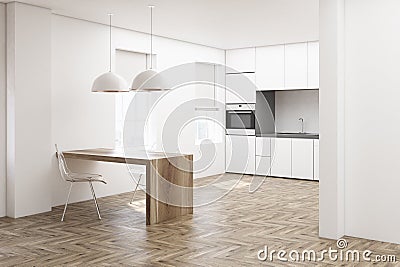 White kitchen, wooden floor side Stock Photo