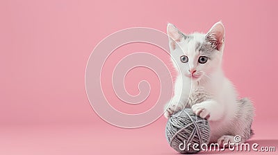 a white kitten as it plays gleefully with a pink ball of yarn against a soft pastel background, ensuring high-quality Stock Photo