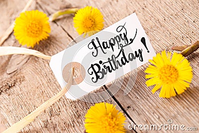 White Label, Dandelion, English Calligraphy Happy Birthday Stock Photo