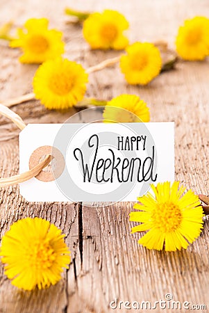 White Label, Dandelion, English Calligraphy Happy Weekend Stock Photo