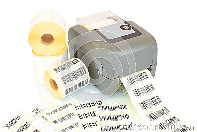 White label rolls, printed barcodes and printer isolated on white background with shadow reflection. Stock Photo