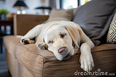 A white Labrador lying on a brown sofa Stock Photo