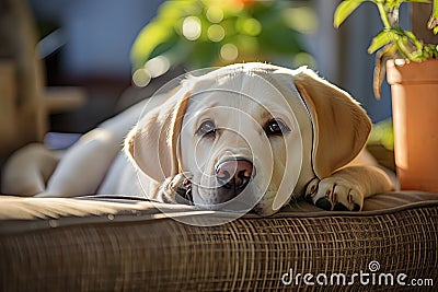 A white Labrador lying quietly in the room Stock Photo