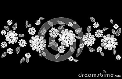 White lace flower embroidery seamless border. Fashion decoration stitched texture template. Ethnic traditional daisy Vector Illustration