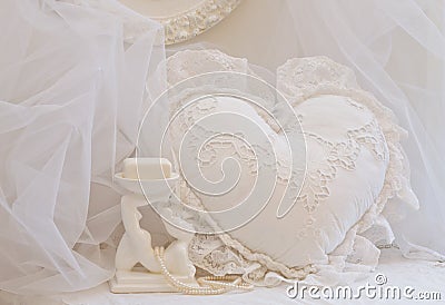 White Lace Heart Pillow and Soap Dish Stock Photo