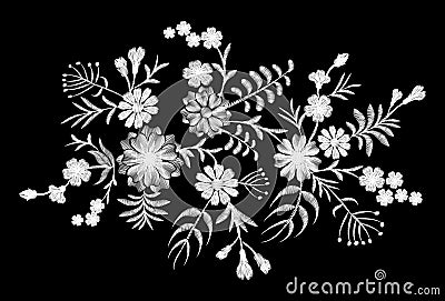 White lace pattern of flowers on a black background. Imitation embroidery. Chamomile, forget-me-not, gerbera, paisley Vector Illustration