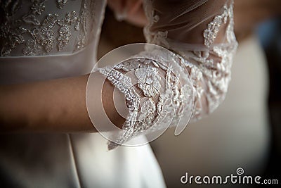 White lace sleeve girl handmade wedding dress Stock Photo