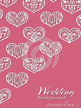 White lacy hearts on pink - romance wedding background Vector Illustration