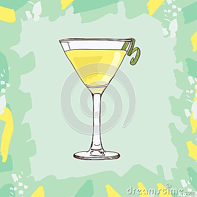 White lady cocktail illustration. Alcoholic classic bar drink hand drawn vector. Pop art Cartoon Illustration