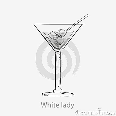 White lady cocktail. White cocktail ice cubes straws long drink alcohol gin. Vector Illustration