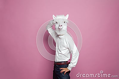 White lama human posing on bright pink studio wall background Stock Photo