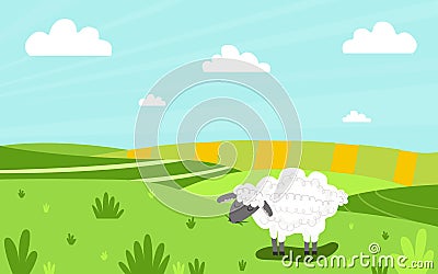 White lamb chews grass on a green meadow Vector Illustration