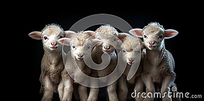 White lamb isolated on black background. cute portrait of a fluffy sheep, Close-up of a young sheep looking at camera Stock Photo