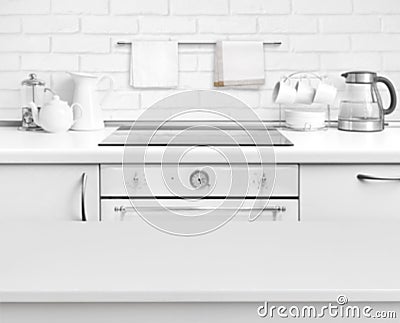 White laminated table on defocused rustic kitchen bench interior background Stock Photo