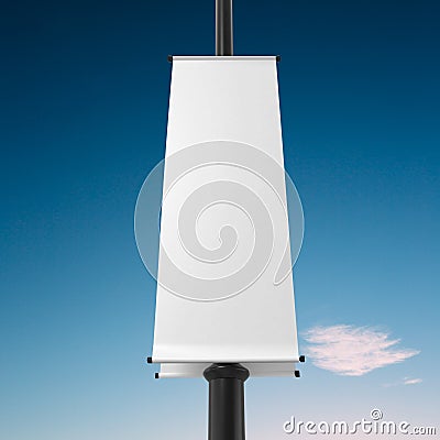 White Lamp Post Banner Mockup, blank advertisment 3d Rendering with Blue Sky background Stock Photo