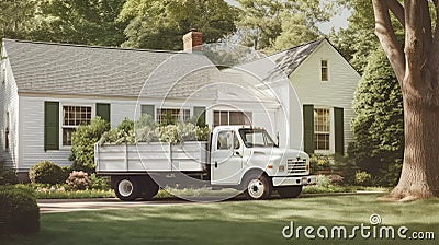 A White Landscaping Truck Parked In Front Of A House With Lawn Equipment In The Back. Generative AI Stock Photo