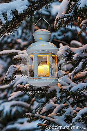 White lantern hanging on fir branch in forest. Stock Photo