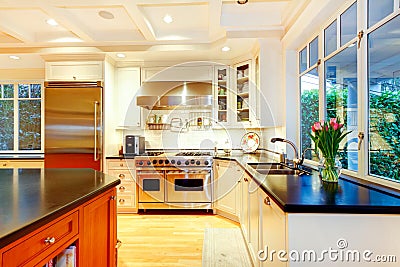 White large luxury kitchen with huge stove and refrigerator. Stock Photo