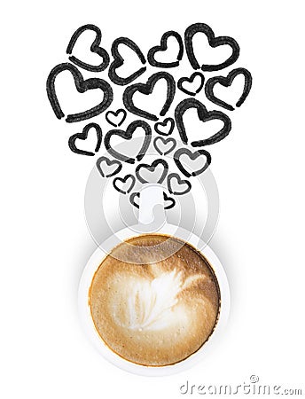 White Latte coffee cup with heart shape black pen drawing Stock Photo