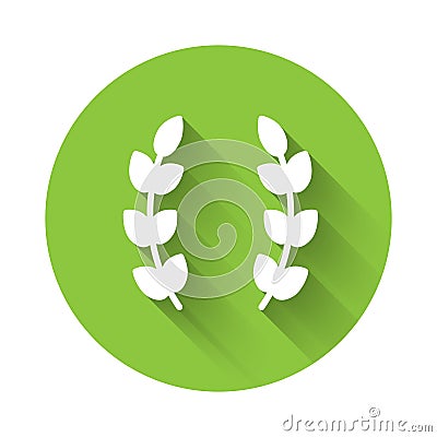 White Laurel wreath icon isolated with long shadow. Triumph symbol. Green circle button. Vector Vector Illustration