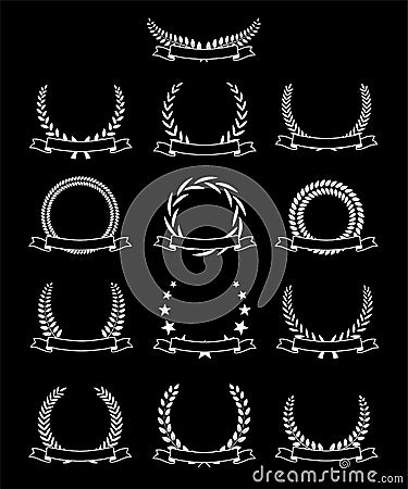 White laurel wreath set with text space isolated on black background Vector Illustration