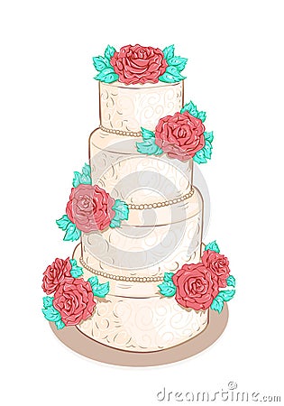 White layered wedding cake with flowers Vector Illustration