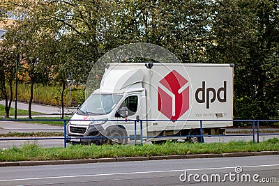 White LCV Peugeot Boxer of DPD delivery company parked when delivering packages Editorial Stock Photo